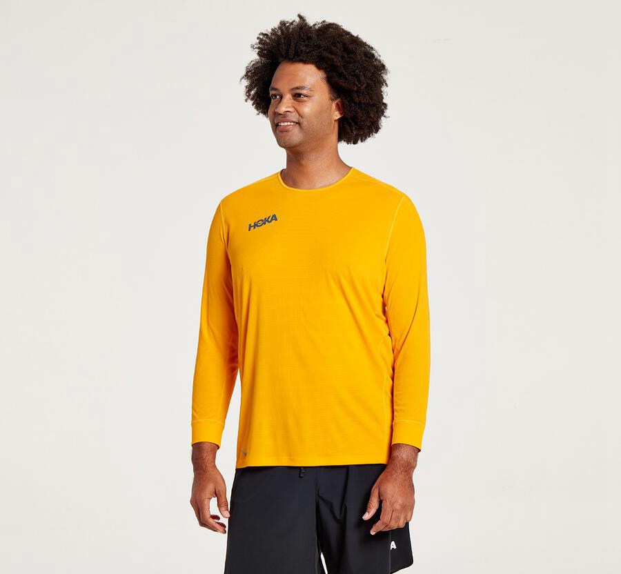 Tops Mens - Hoka One One Performance 3/4 Sleeve - Yellow - VXYZDWJ-92